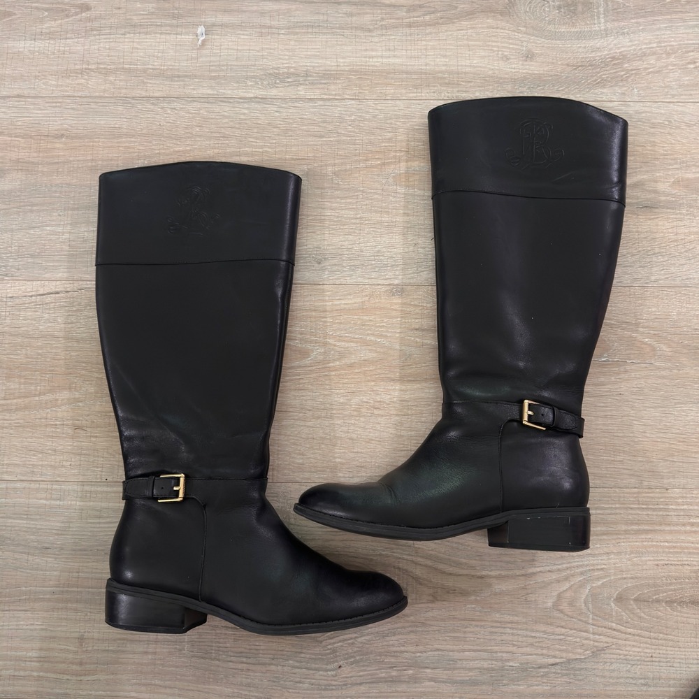 Lauren Ralph Lauren Madisen Riding Boots Black Leather Monogram 7B